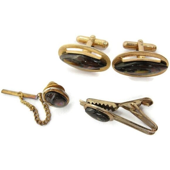 Vintage Cufflinks Round Gold Plated Abalone With Tie Tack And Tie Clip - Picture 2 of 14